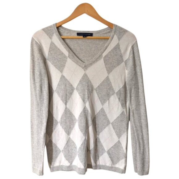 Tommy Hilfiger Cotton Gray and White Argyle Sweater Size M - Picture 2 of 5